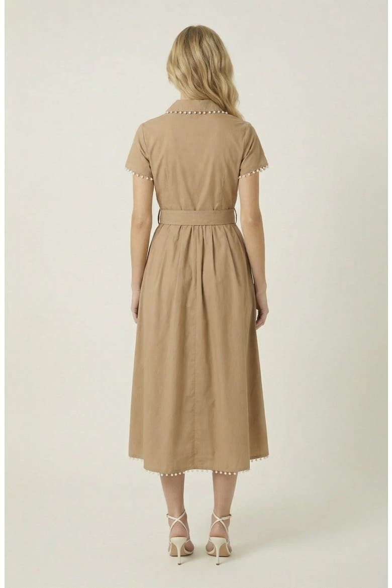 Short Sleeve Collared Midi Dress with Pearl Details and Statement Belt