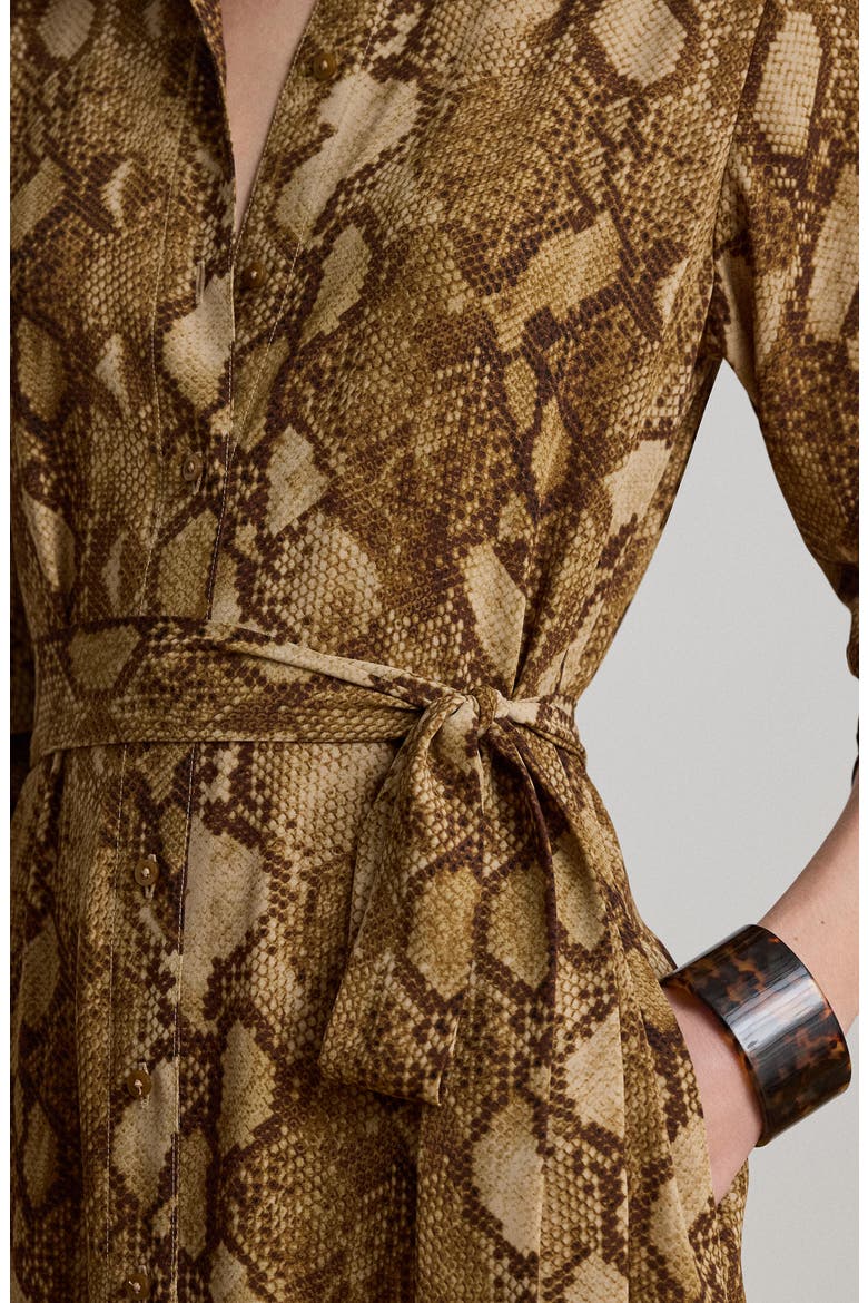 Snake Print Belted Georgette Midi Shirtdress