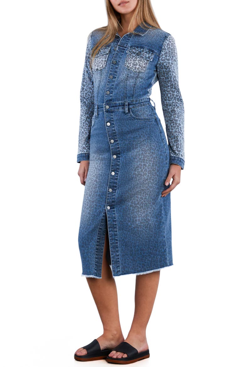 Animal Print Long Sleeve Denim Midi Shirtdress