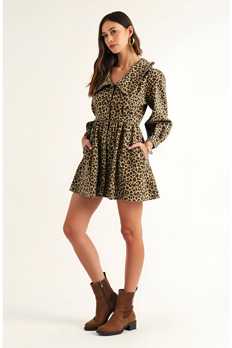 Leopard Print Long Sleeve Mini Dress with Oversized Collar