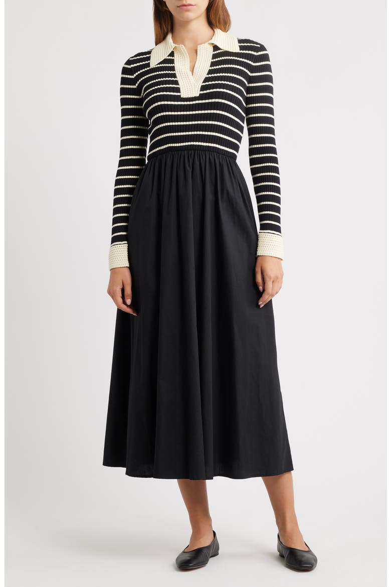 Stripe Long Sleeve Twofer Midi Dress