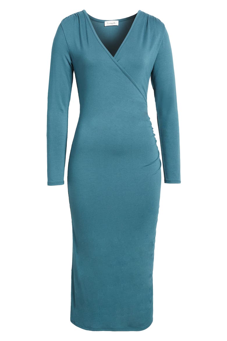Long Sleeve Faux Wrap Midi Dress
