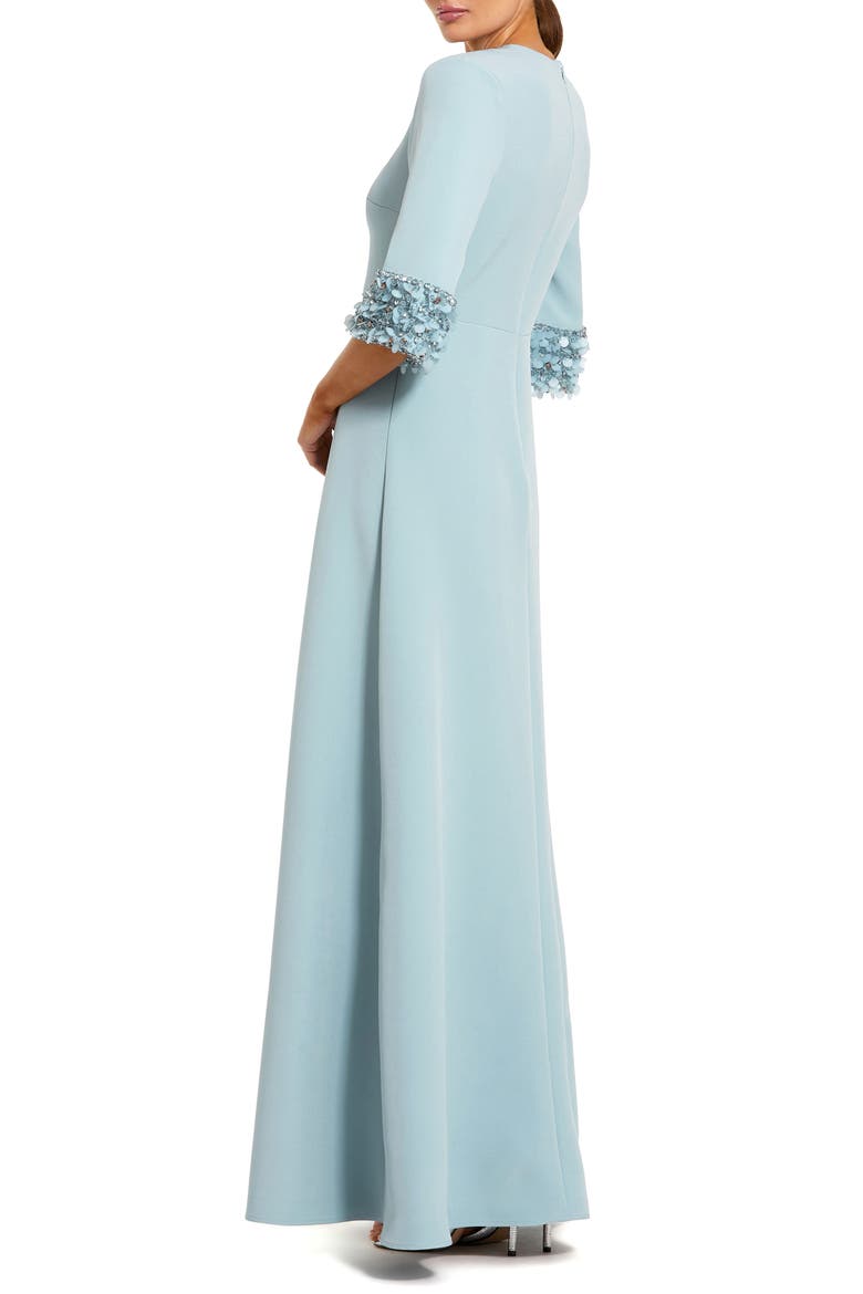 Women's A-Line Crepe Gown with Embellished Three-Quarter Sleeves