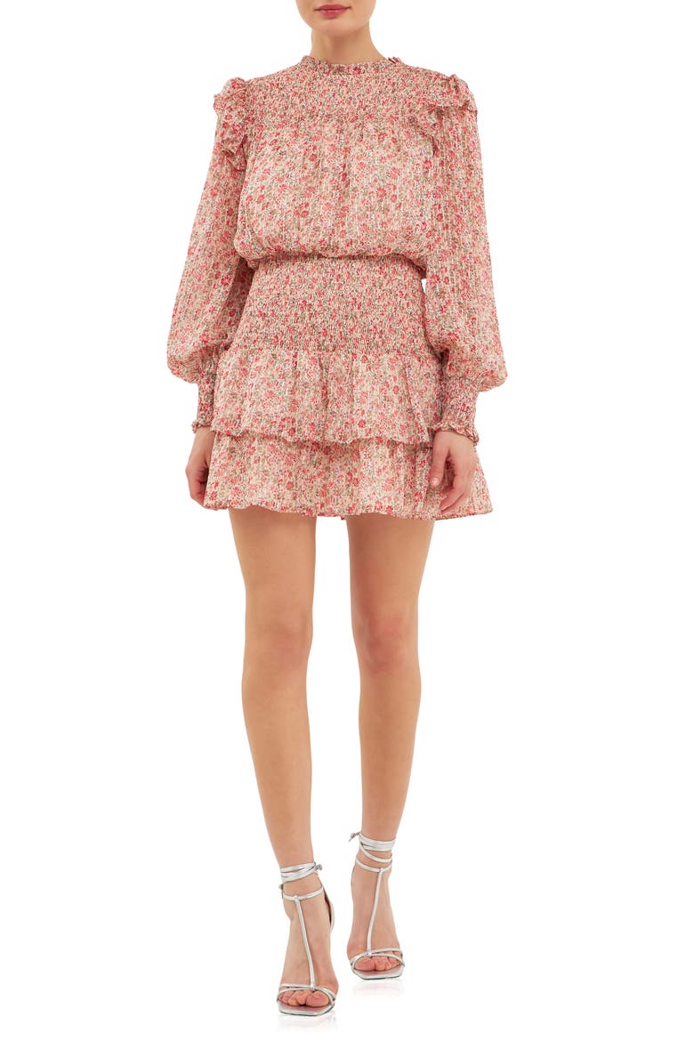 Floral Print Shirred Long Sleeve Chiffon Minidress