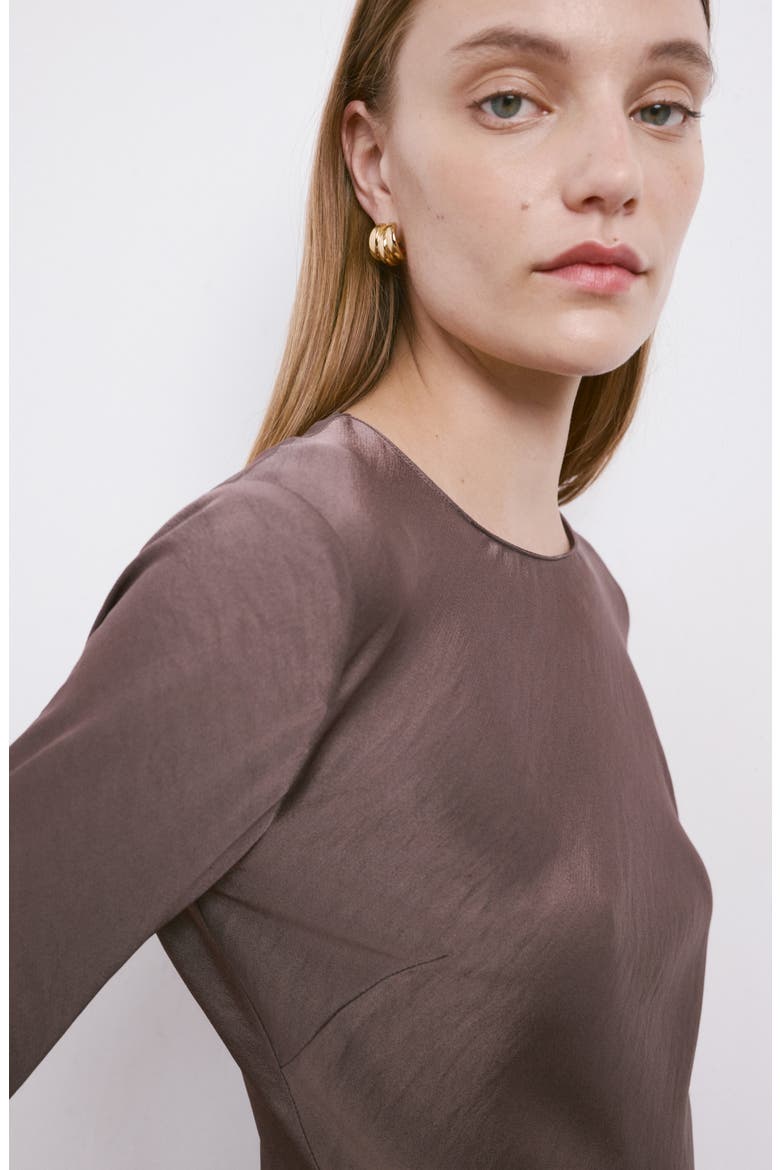 Long Sleeve Textured Satin Midi Dress