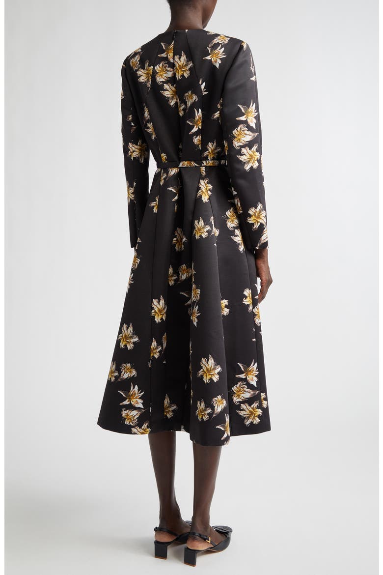 Uccelina Festive Lillies Long Sleeve Belted Fit & Flare Faille Midi Dress