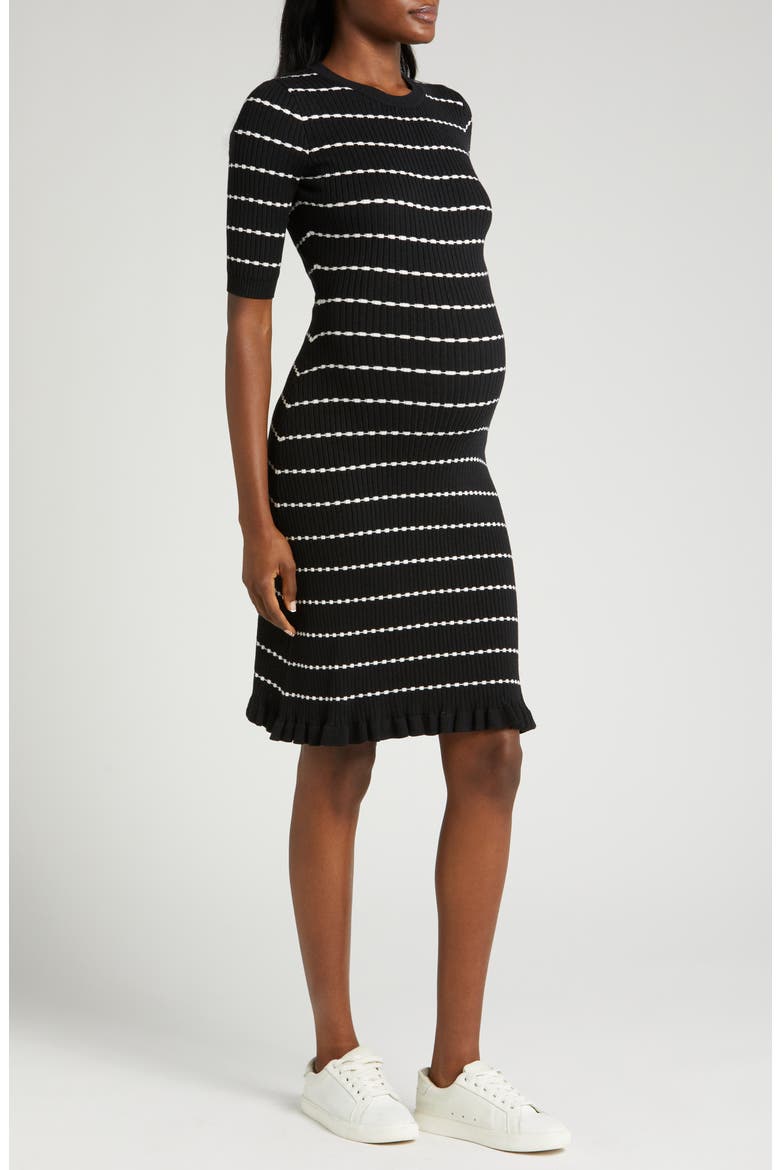 Women's Knee Length Striped Maternity & Nursing Sweater Dress in Cotton Knit