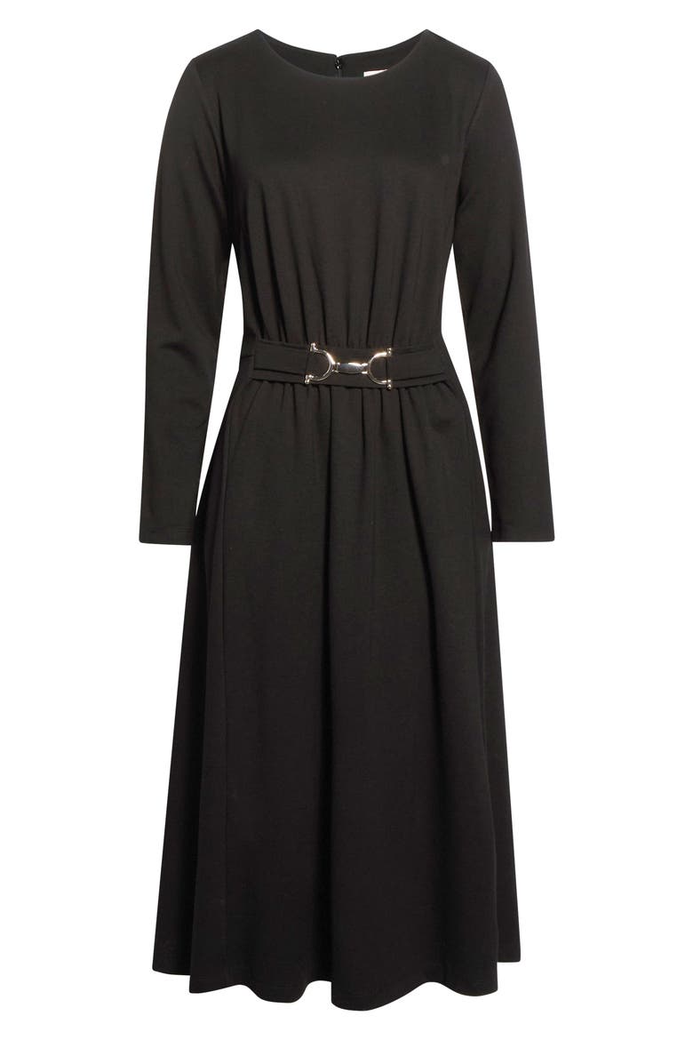 Accent Waist Long Sleeve Midi Dress