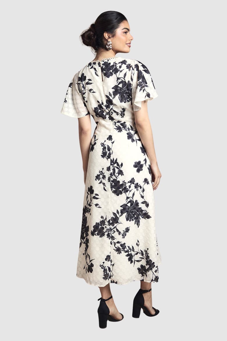 Floral Jacquard Cape Sleeve Midi Dress