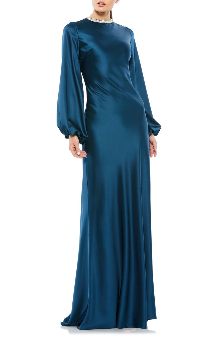 Beaded High Neck Bishop Sleeve Satin Gown