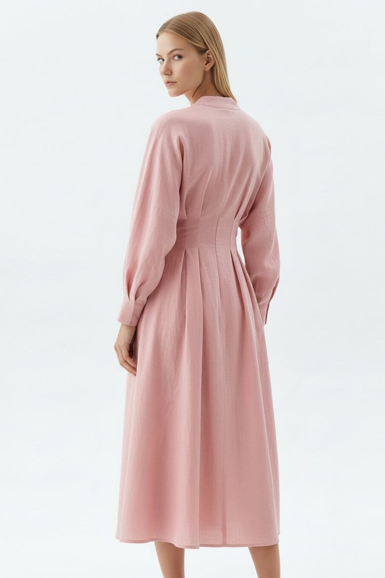 Garlyn Slim V Neck Long Sleeve Linen Midi Dress