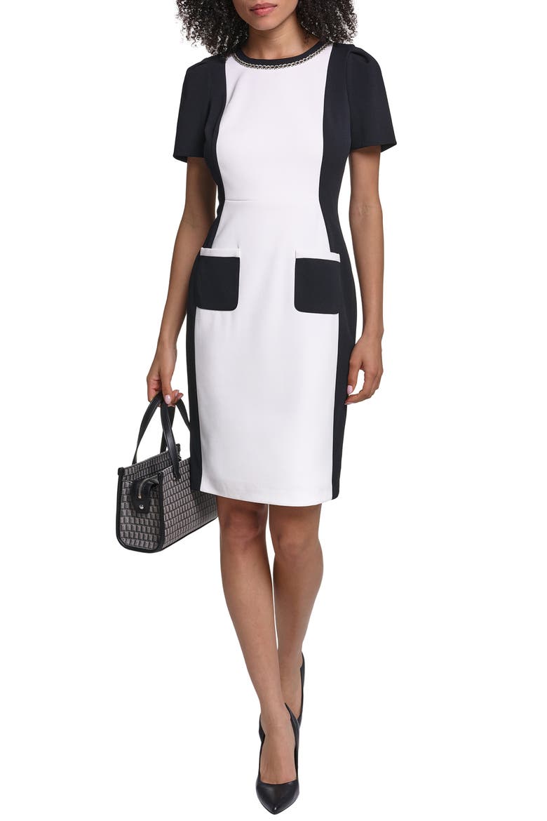 Bead Detail Colorblock Scuba Crepe Sheath Dress