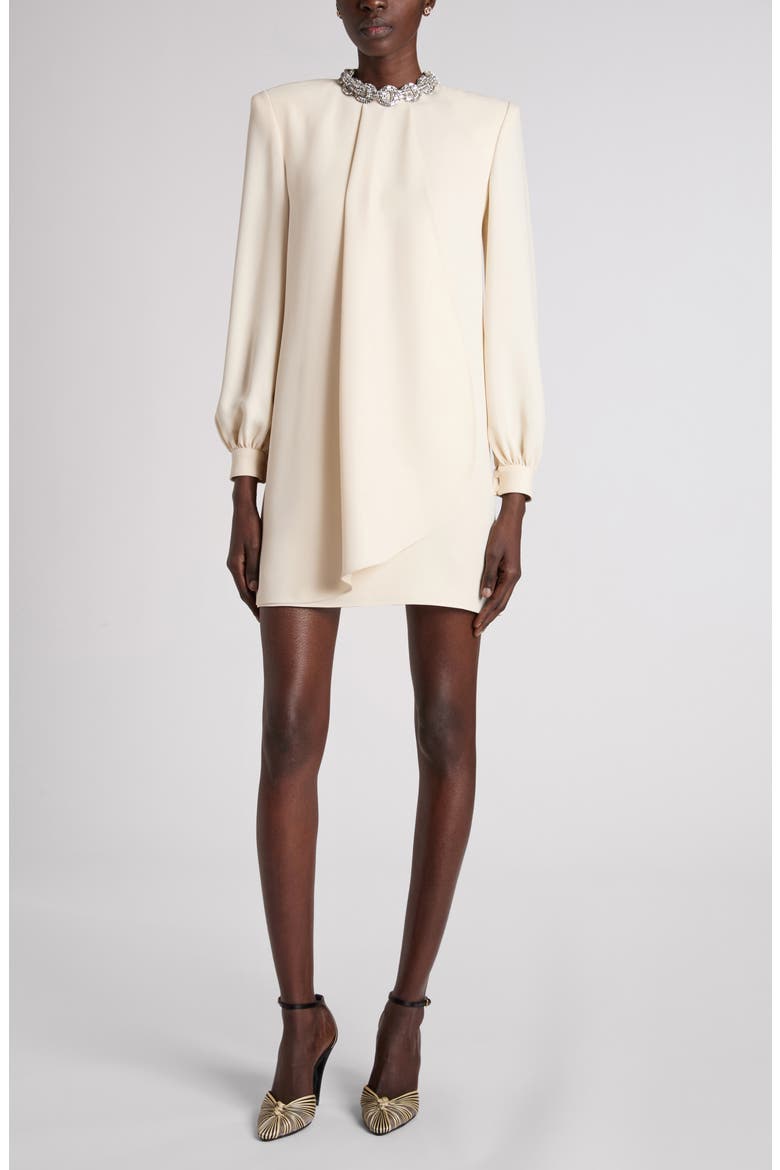 Rhinestone Embellished Long Sleeve Silk Cady Minidress