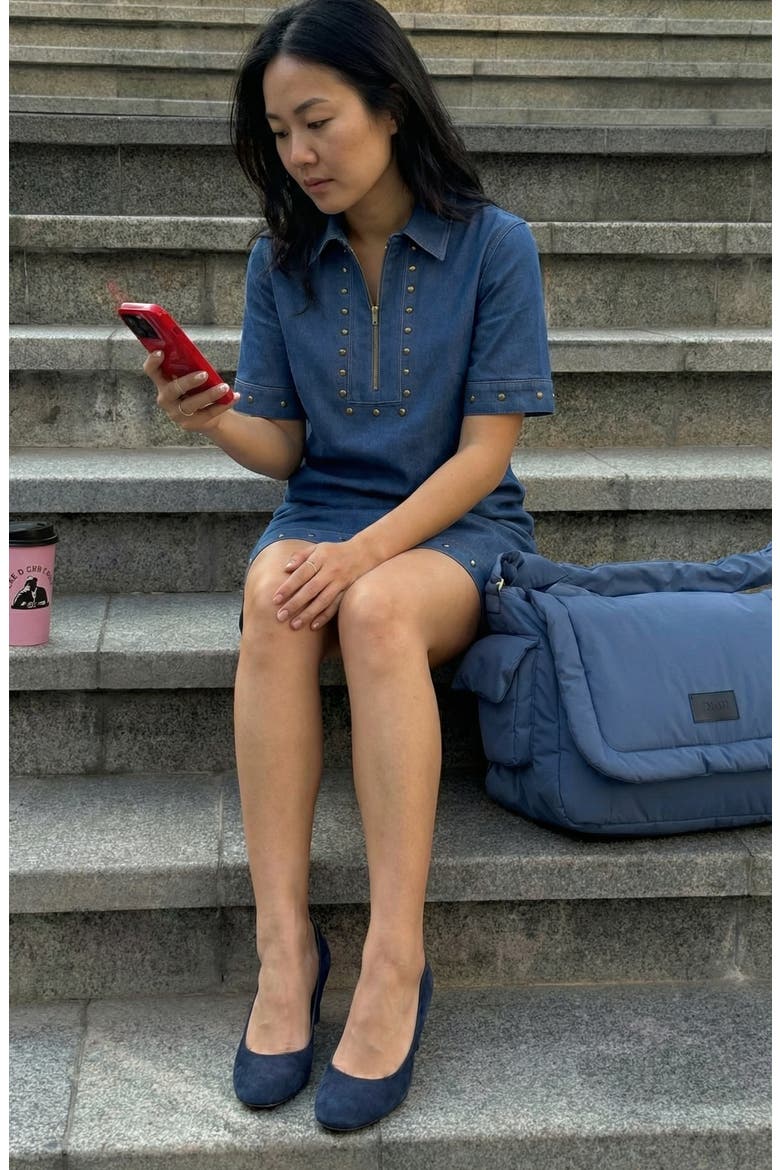Studded Half-Zip Collared Denim Mini Dress