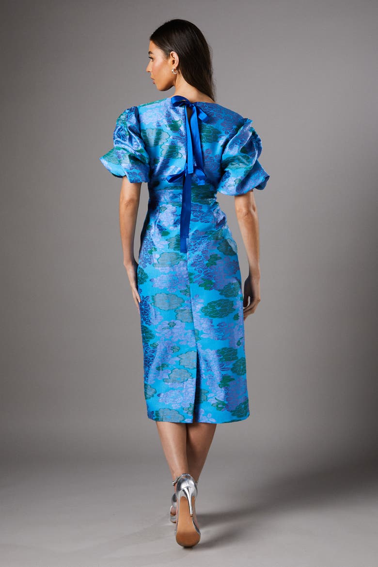 Jacquard Floral Puff Sleeve Midi Dress