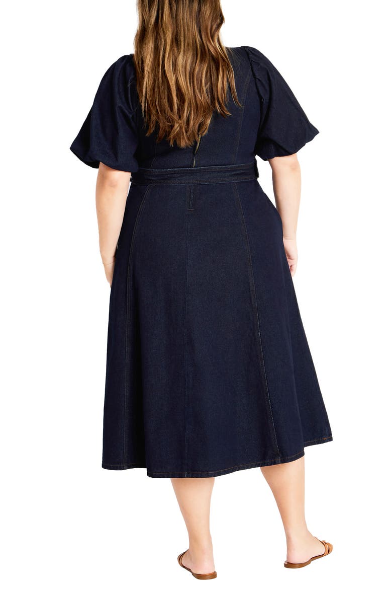 Sable Delilah Puff Sleeve Belted Denim Midi Dress