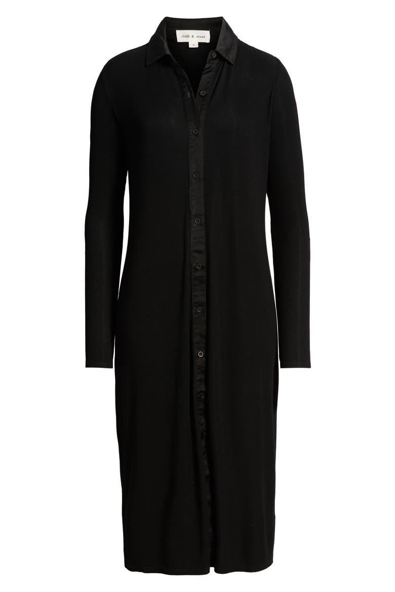 Front Button Long Sleeve Rib Midi Dress