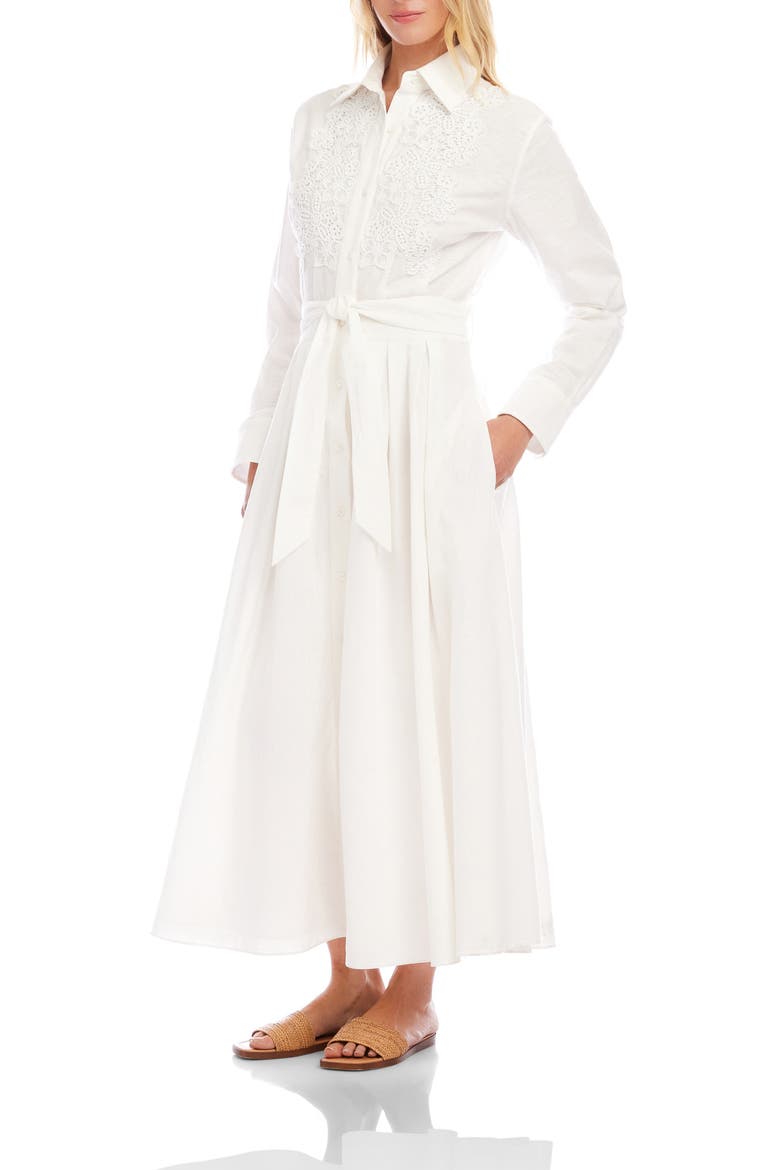 Floral Appliqué Long Sleeve Cotton & Linen Shirtdress