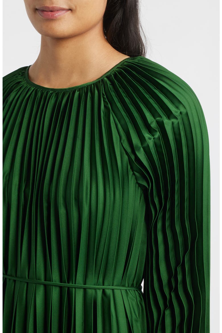 Pleated Long Sleeve Satin Midi Dress