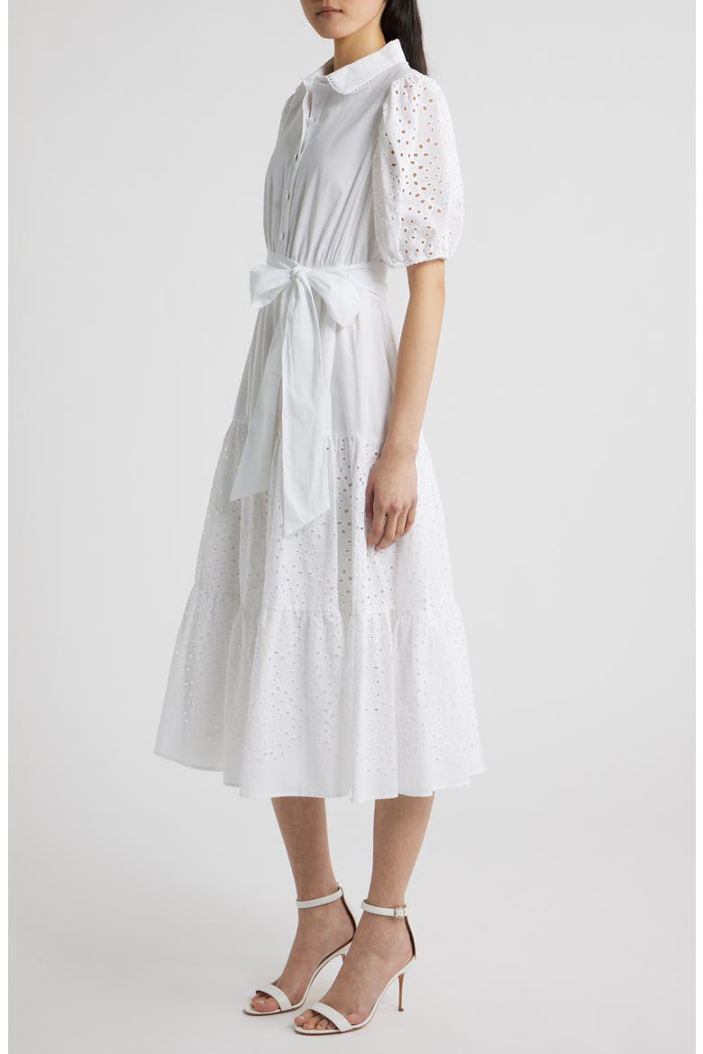 Eyelet Tie Waist Puff Sleeve Midi Dress
