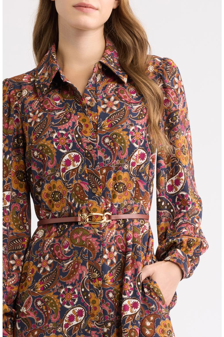 Print Belted Long Sleeve Maxi Shirtdress