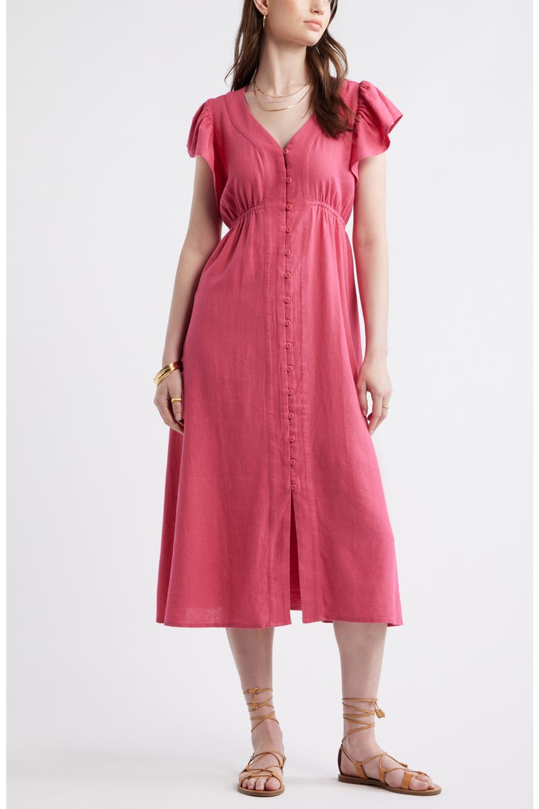 Short Sleeve Button Down Linen Blend Midi Dress