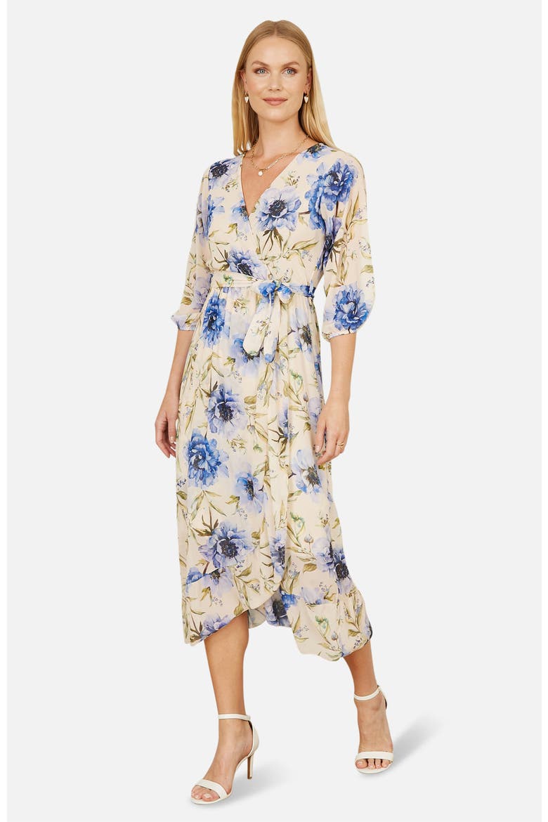 3/4 Sleeve V-Neck Wrap Midi Dress