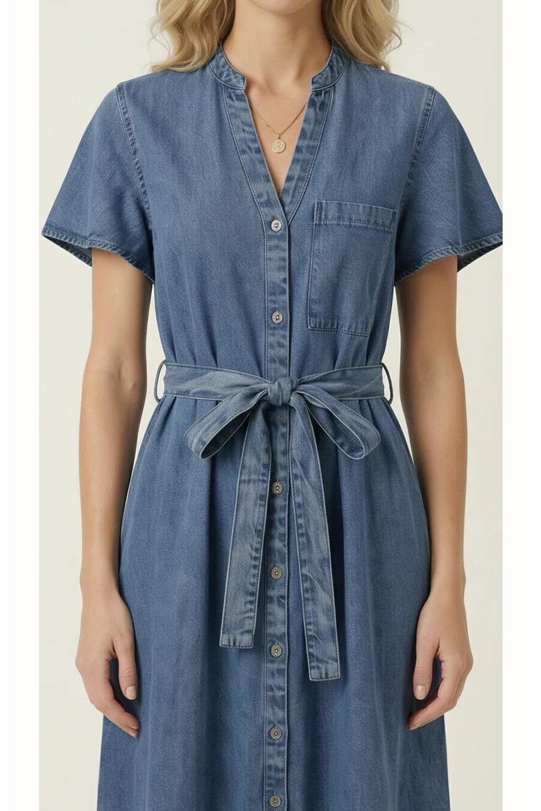 Belted Denim Ruffle Hem Dress