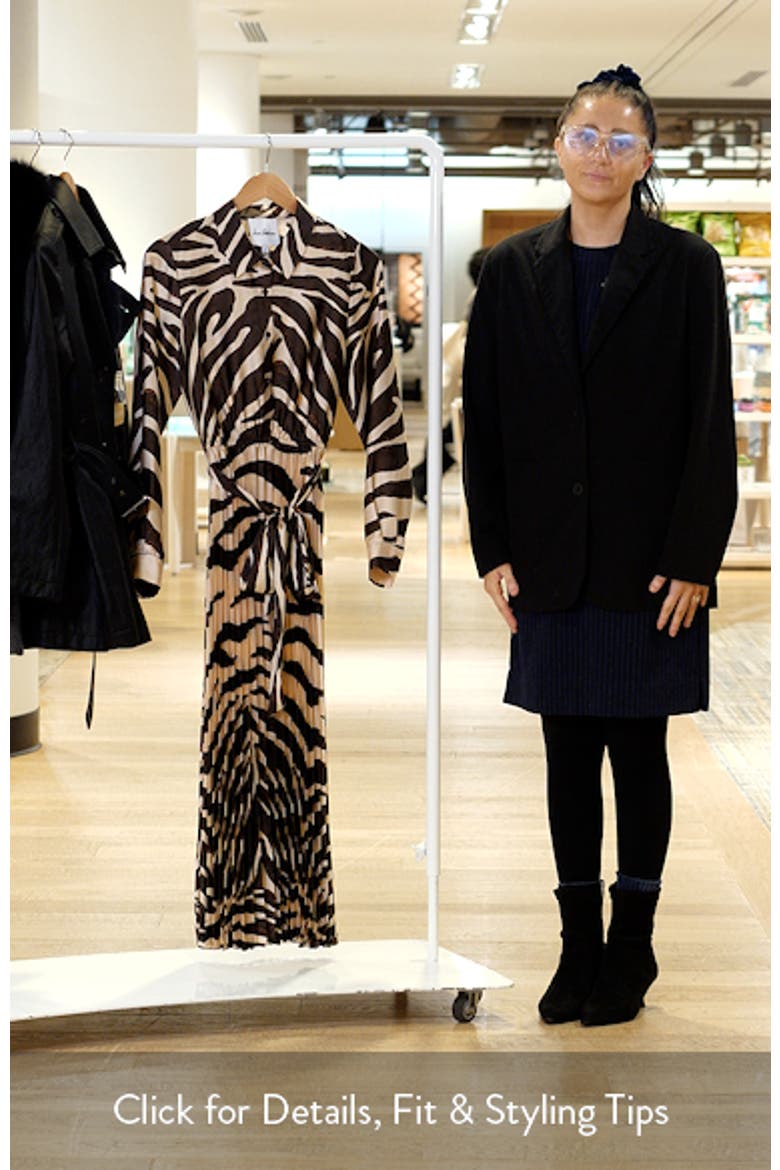Zebra Print Long Sleeve Pleated Maxi Shirtdress