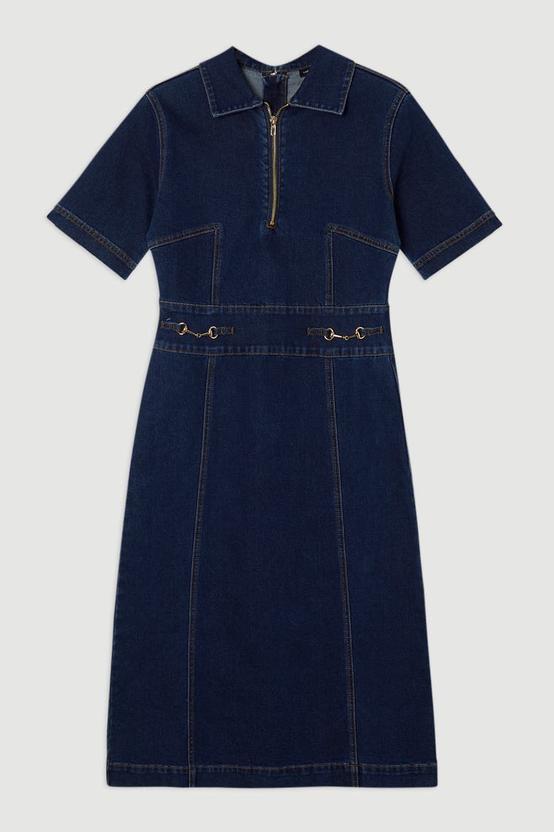 Trim Collared Denim Midi Dress