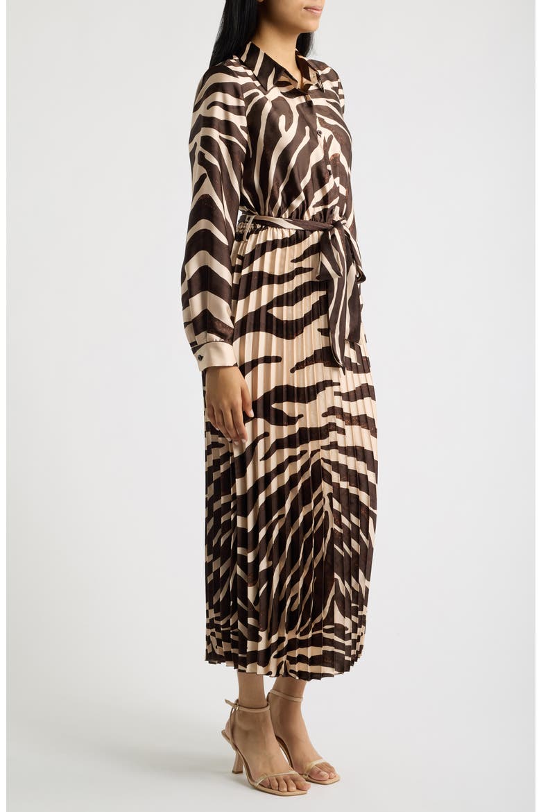 Zebra Print Long Sleeve Pleated Maxi Shirtdress