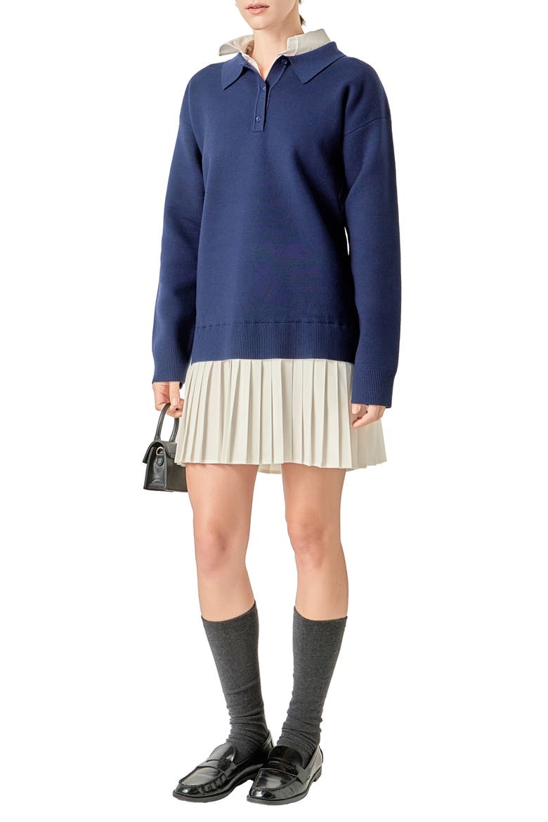 Long Sleeve Mixed Media Polo Minidress