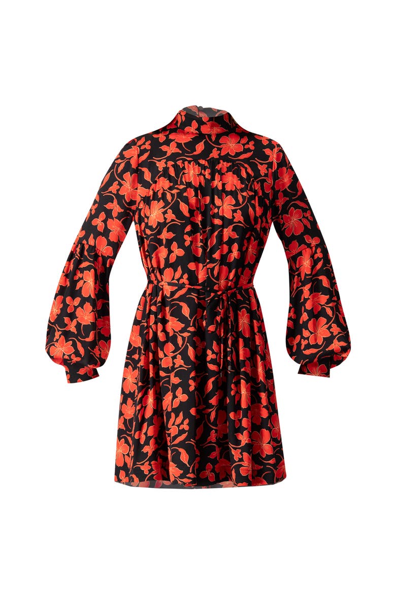Black Mini Dress with Red Floral Print and Drawstring Waist