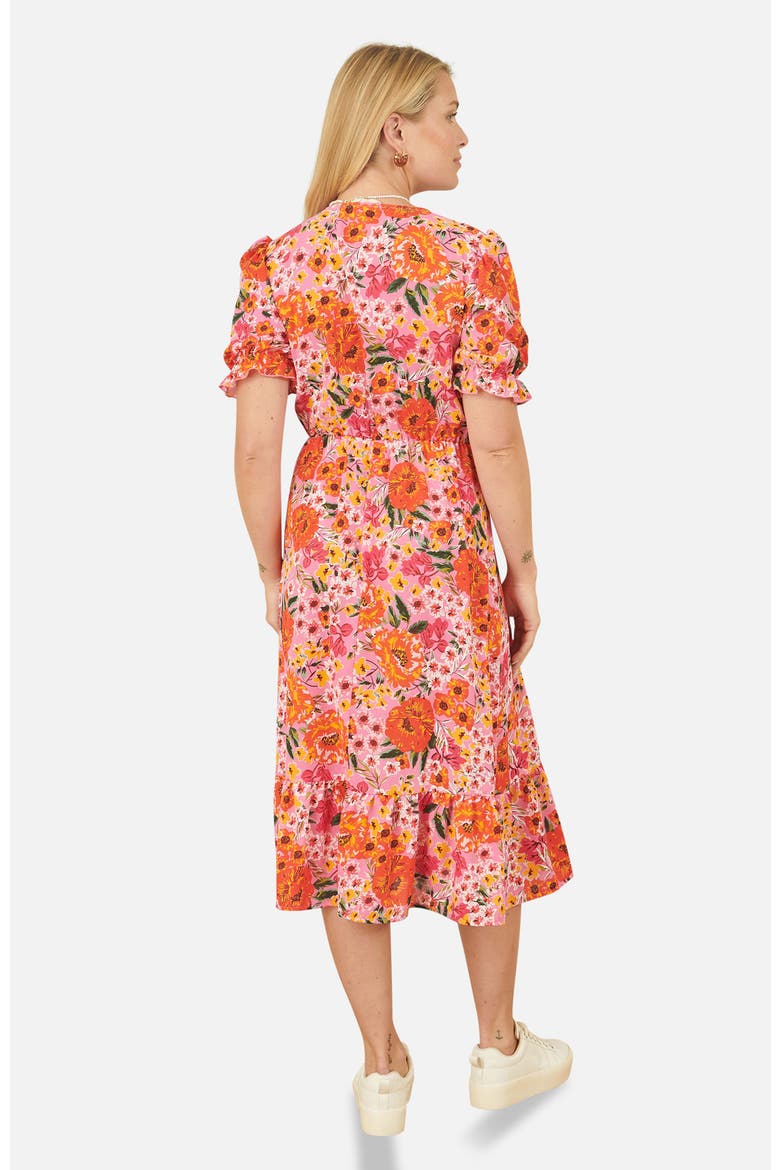 Puff Sleeve V-Neck Printed Midi Dress