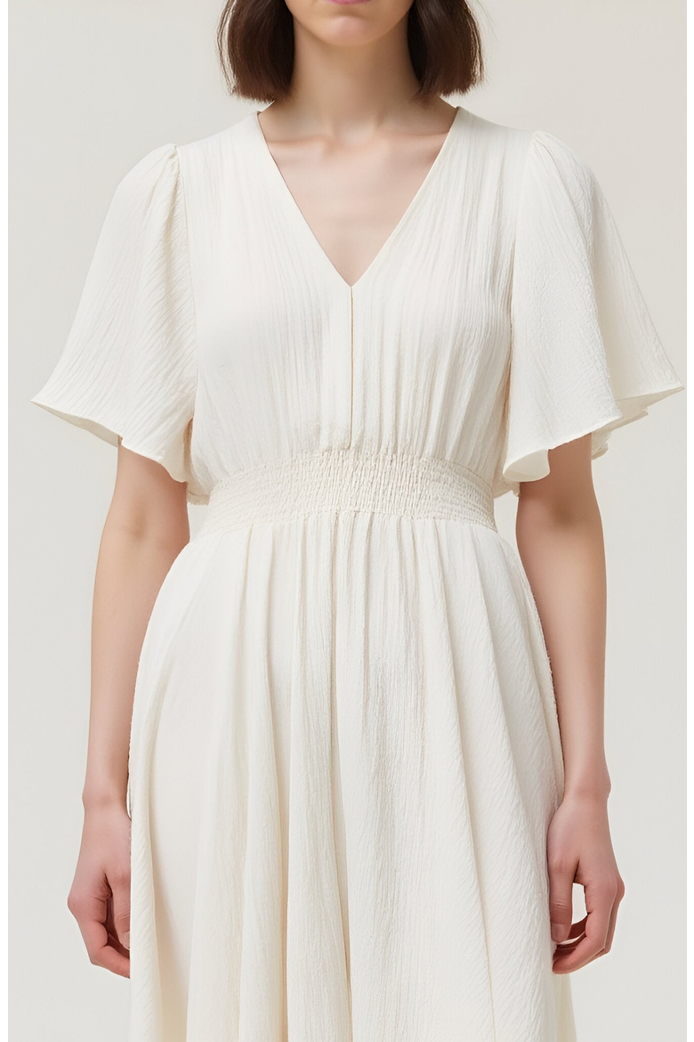 V-Neck Midi Dress with Flutter Sleeves and Handkerchief Hem