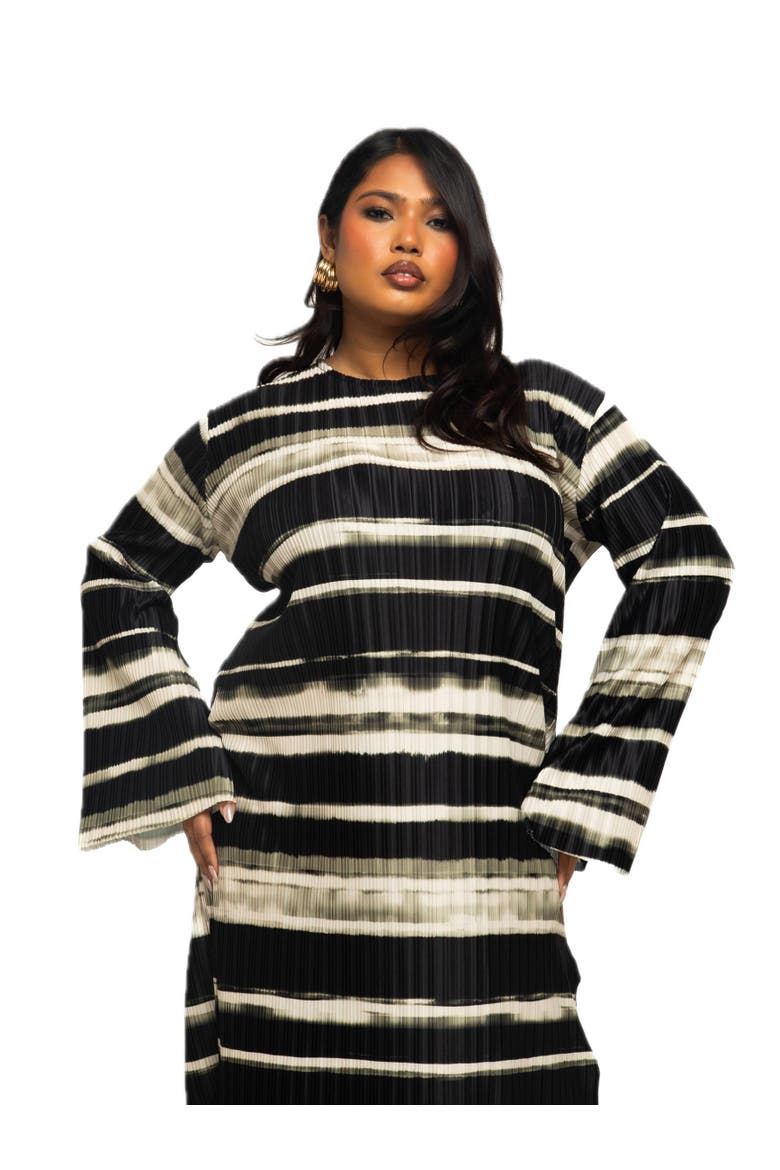 Long Sleeved Striped Plisse Midi Dress