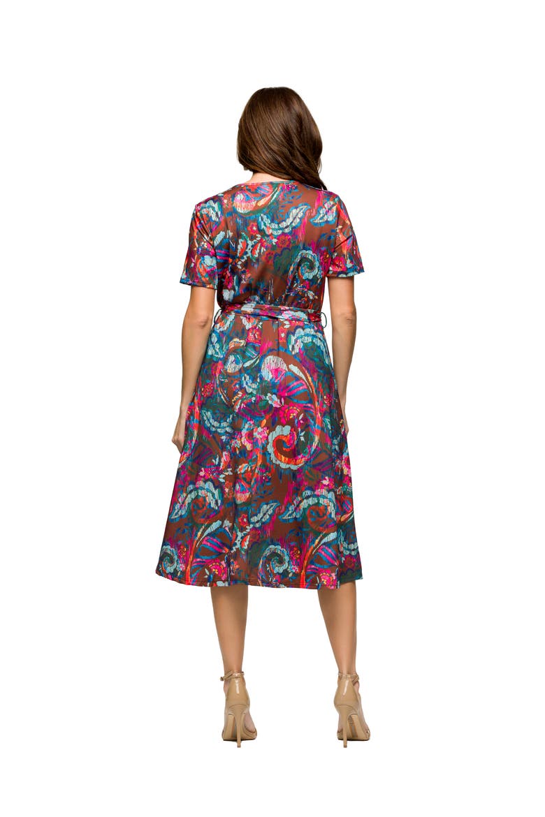 Maternity Brown and Pink Print Short Sleeve Tie Waist Midi Dress