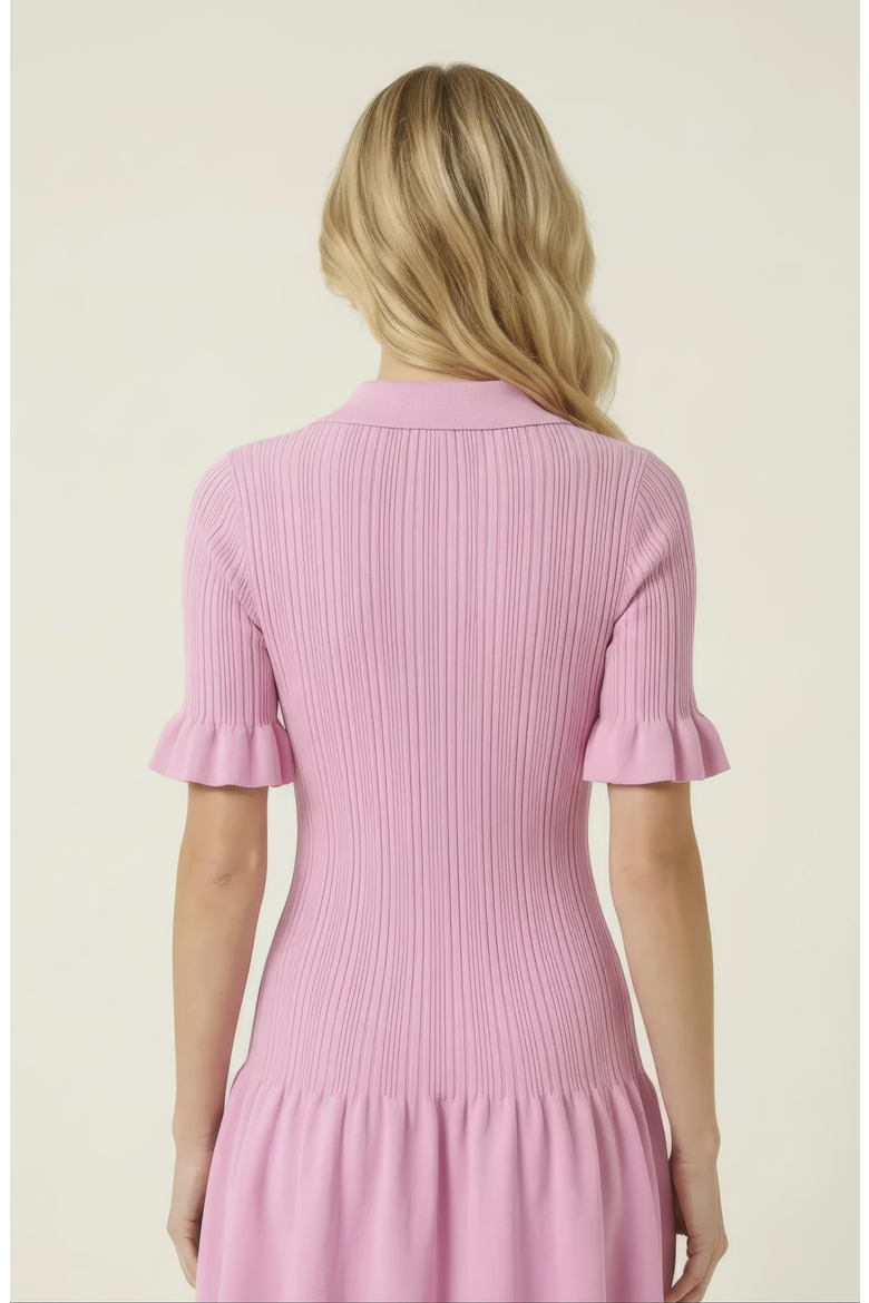 Pleated Mini Dress with Ruffle Hem and Button Front
