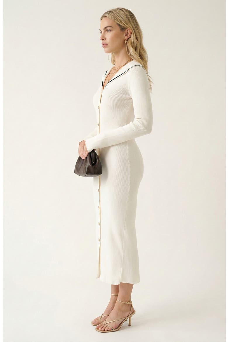 Ribbed Knit V-Neck Contrast Trim Midi Dress