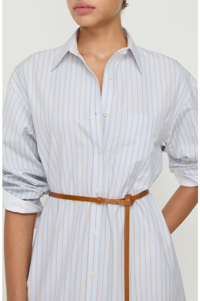 Aurora Stripe Long Sleeve Belted Oversize Cotton Poplin Midi Shirtdress
