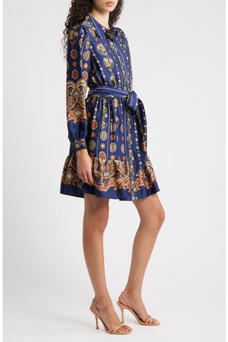 Medallion Print Long Sleeve Tie Waist Shirtdress