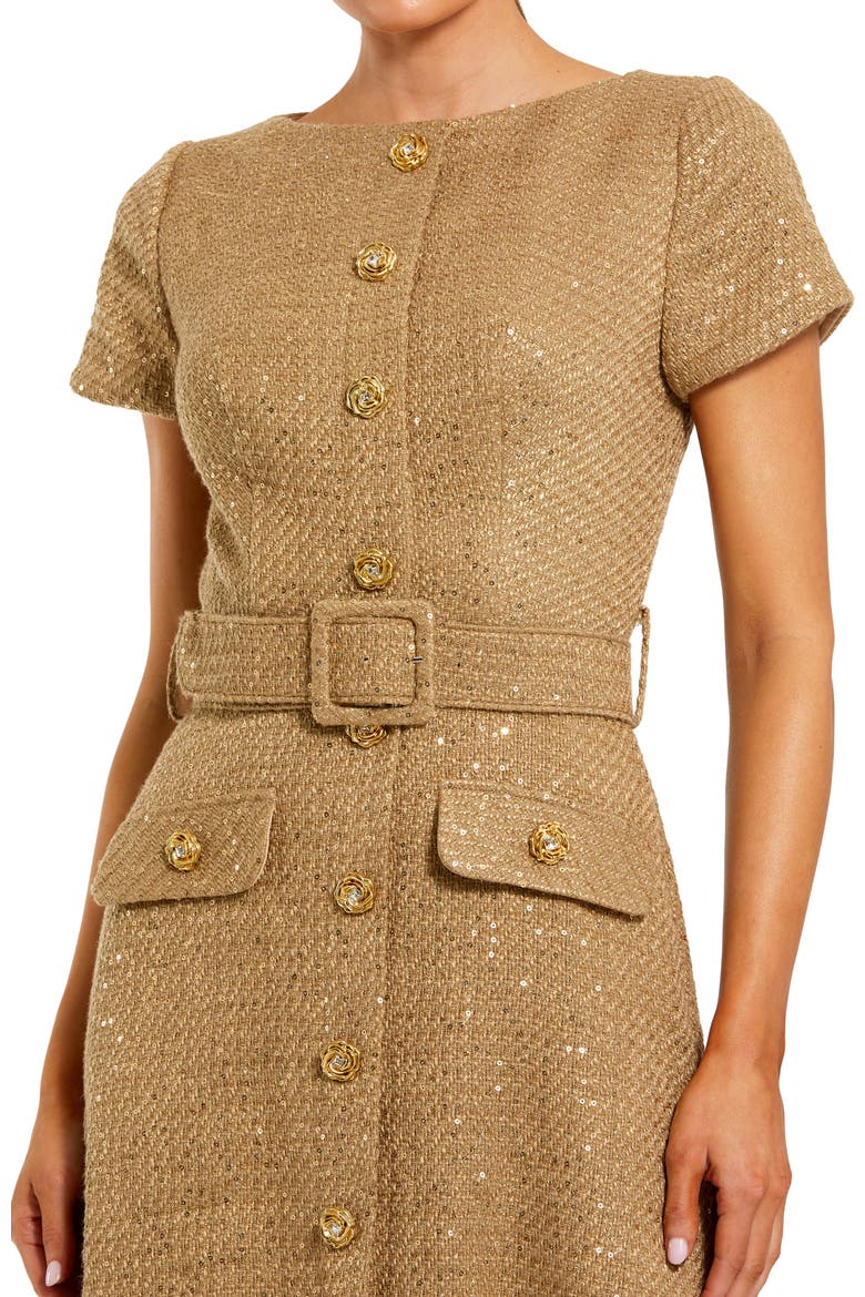 Boucle Cap Sleeve High Neck Button Up Midi Dress