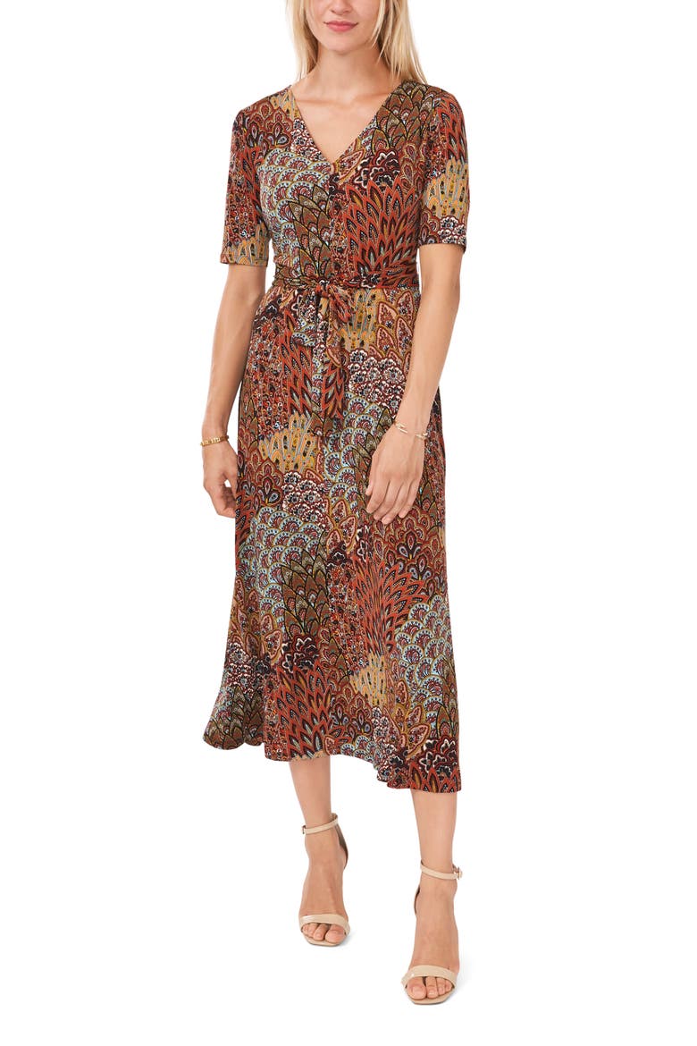 V-Neck Tie Waist Midi Dress