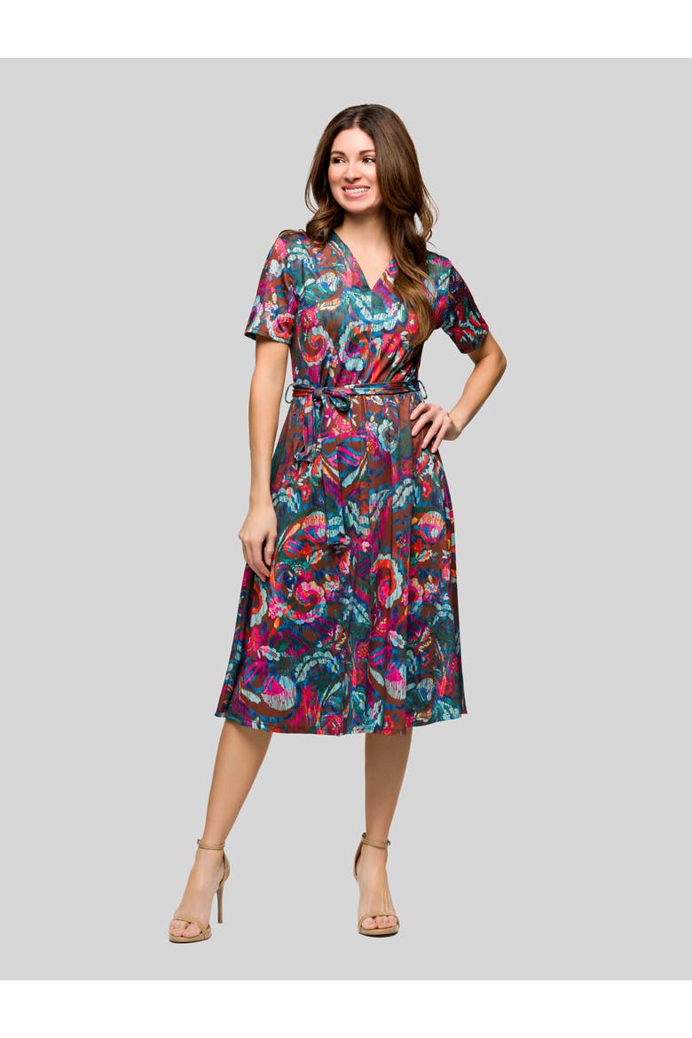 Brown and Pink Print Short Sleeve Tie Waist Midi Dress