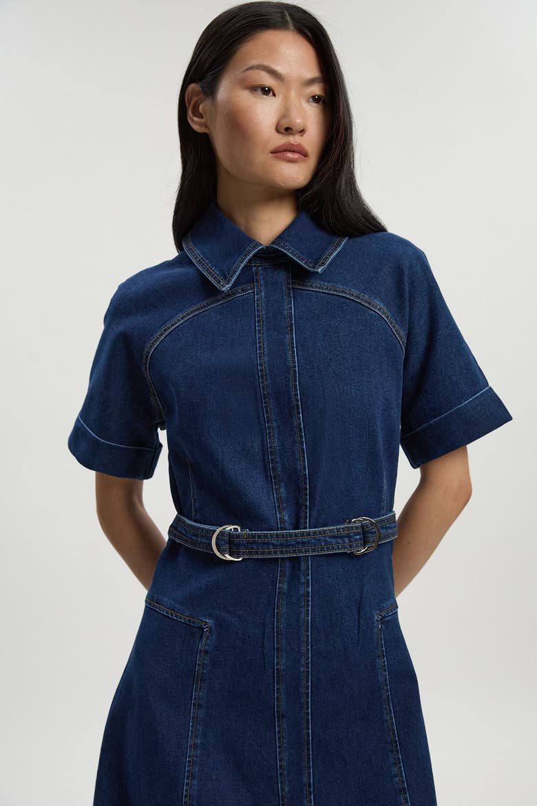 Petite Stretch Denim Tab Belt Midi Dress