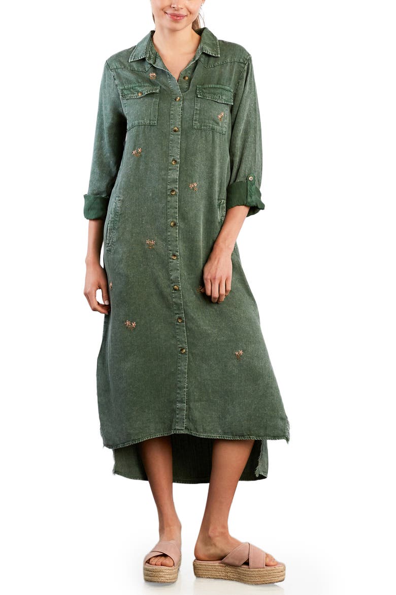 Upstate Floral Embroidered Long Sleeve High-Low Chambray Shirtdress