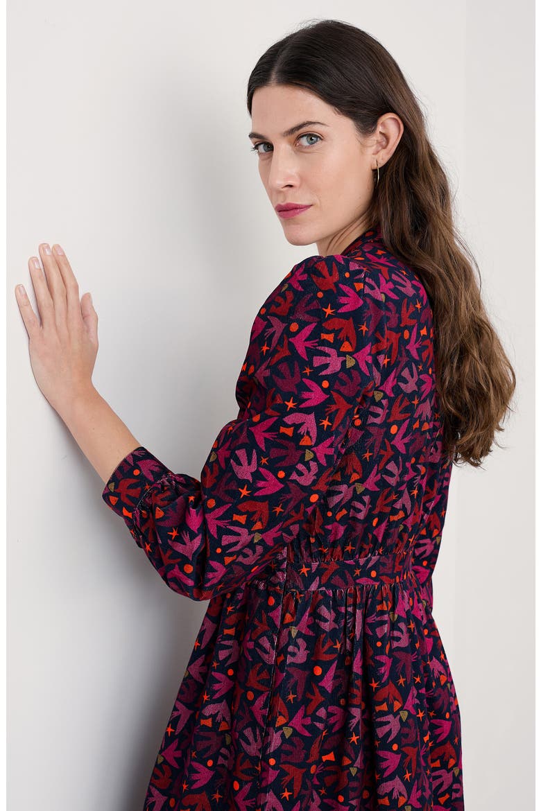 Rose Cottage Bird Print Long Sleeve Cotton Corduroy Midi Dress