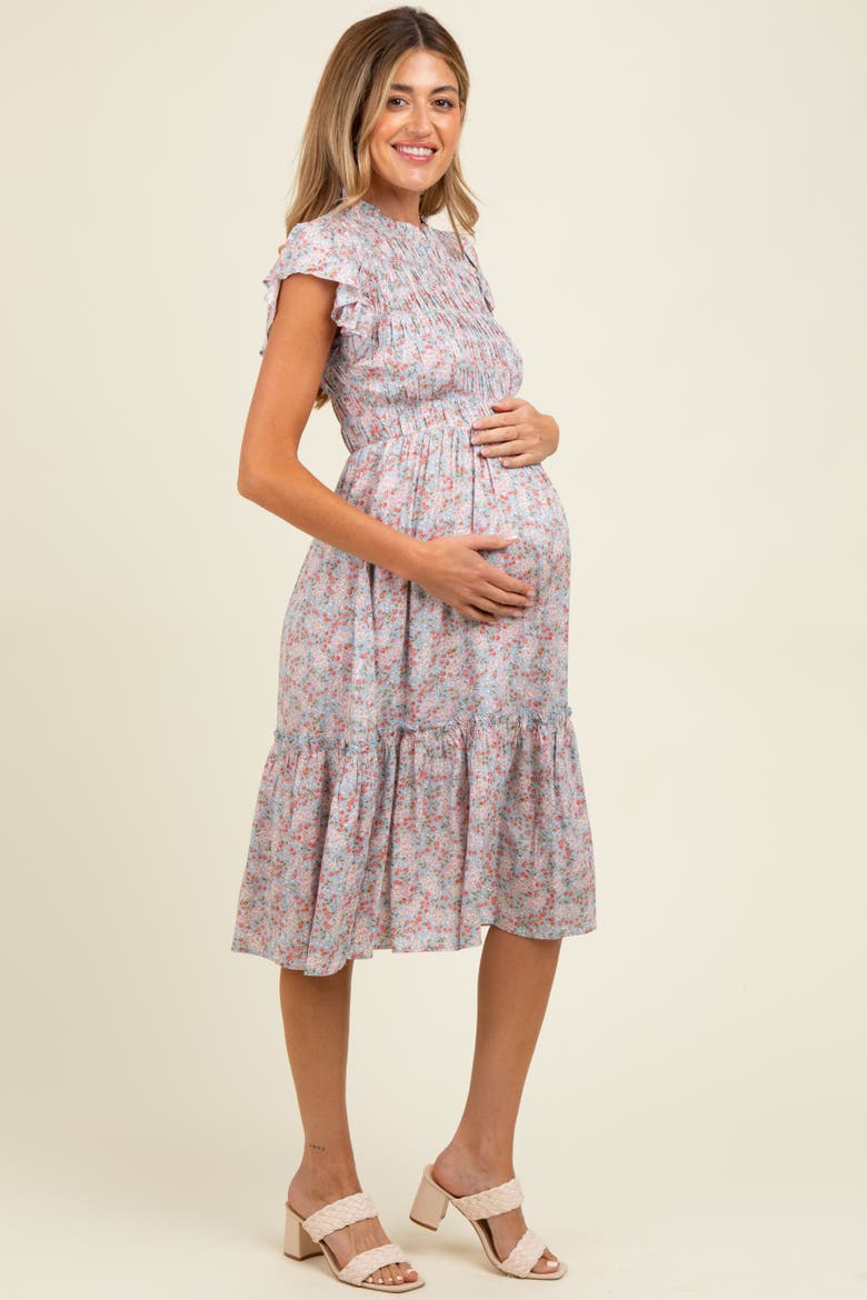 Floral Mock Neck Smocked Ruffe Sleeve Midi Dress