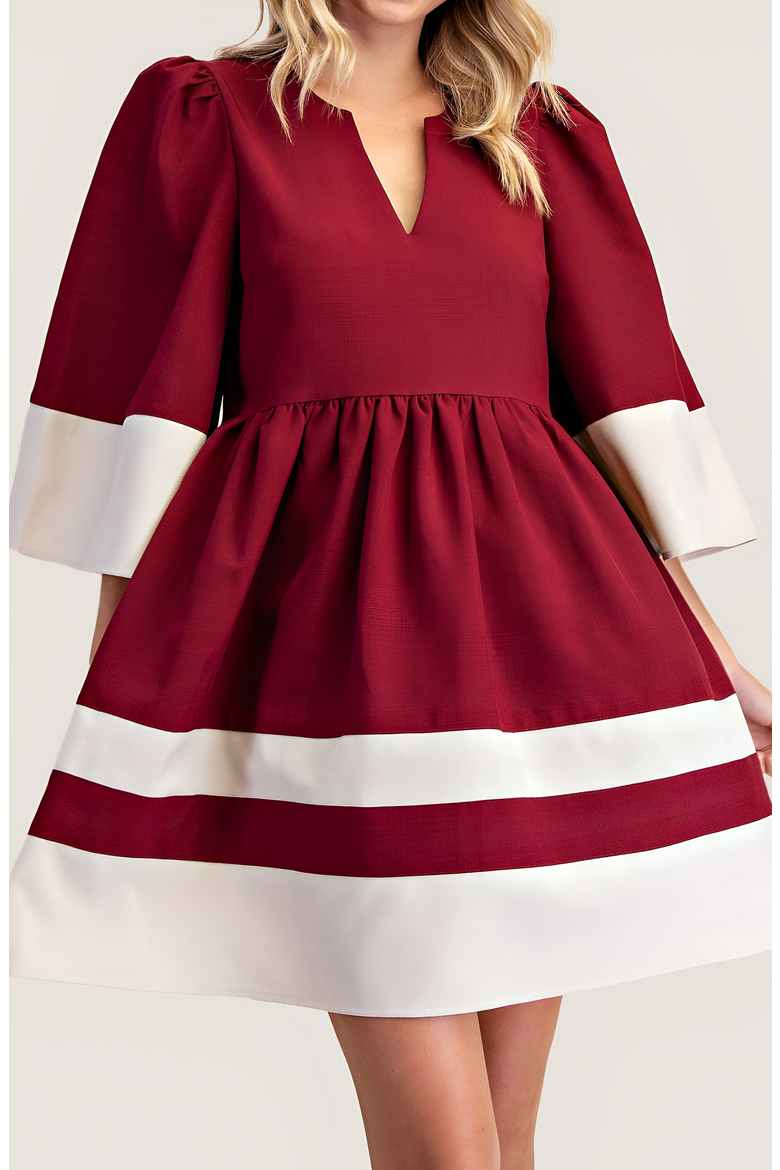 Fit and Flare Mini Dress with Contrast Cuff, Hemline and Notch Neck