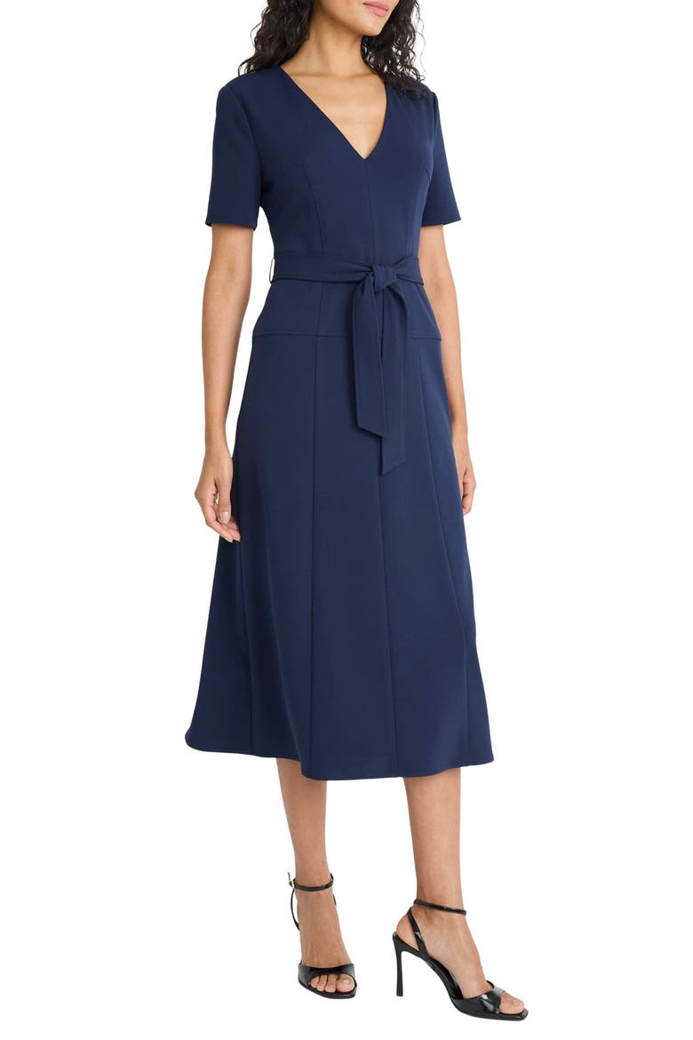 Short Sleeve Tie Waist A-Line Midi Dress